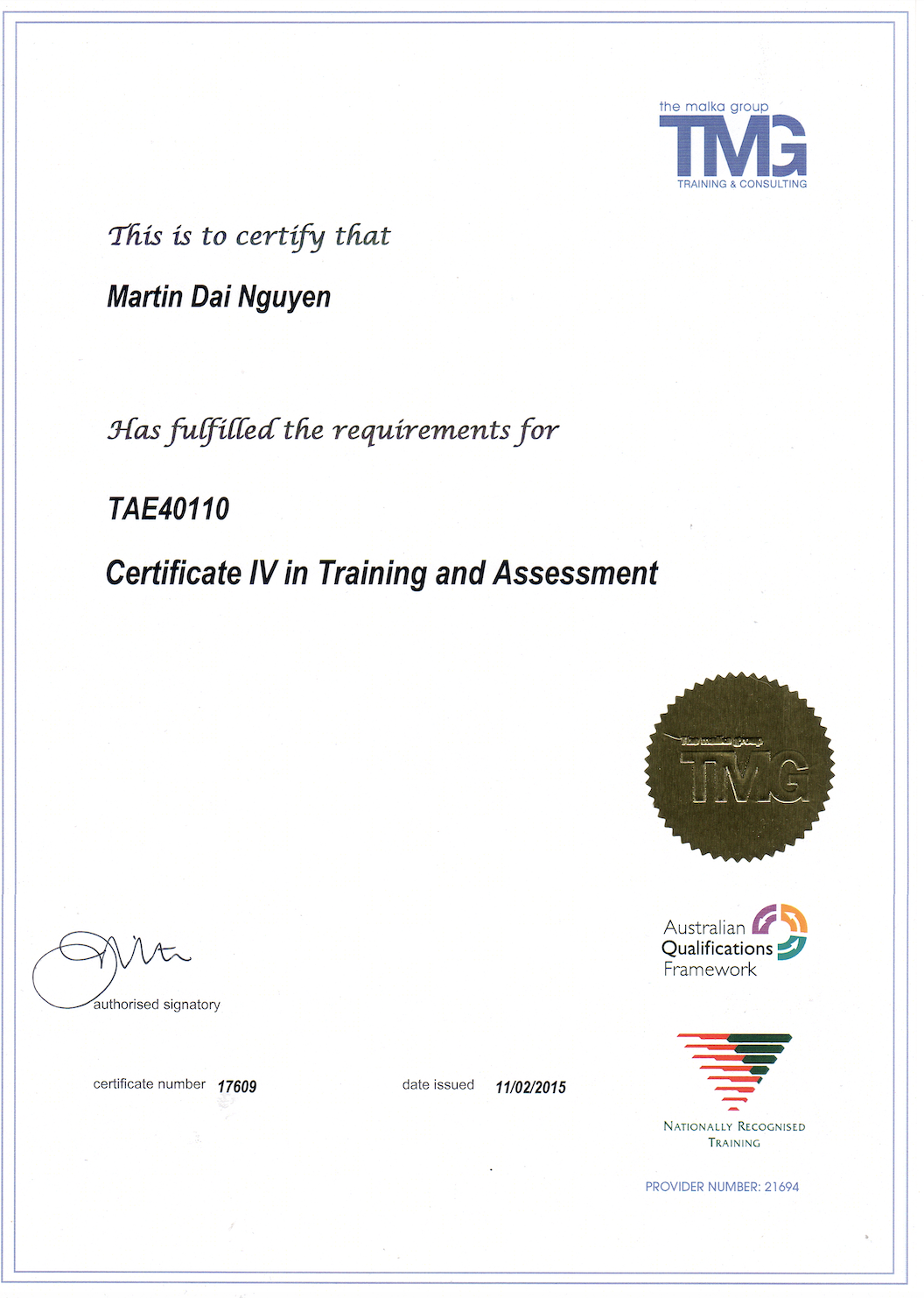 Certificate IV in Training and Assessment (TAE40110)