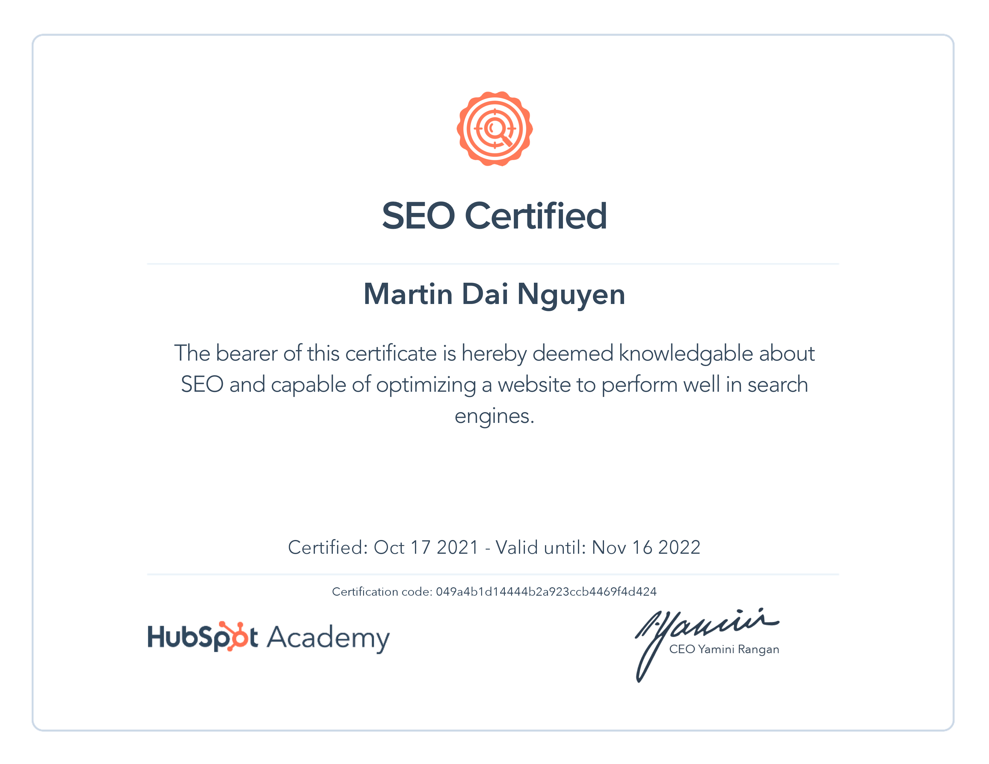 HubSpot Academy's SEO Certification